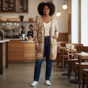 ISAAC MIZRAHI Live! Camel & Cream Floral Longline Cardigan Size 2X